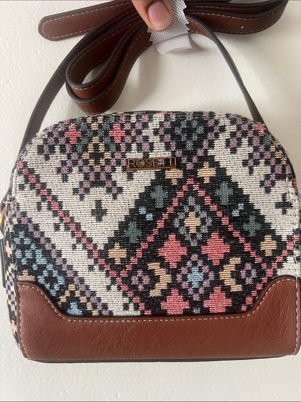Multicolor Woven Crossbody Bag with Brown Trim